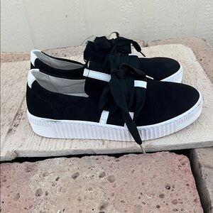 Gabor 43.333 Black Suede Platform Sneakers Wide Ribbon Lace Shoes Sz 6